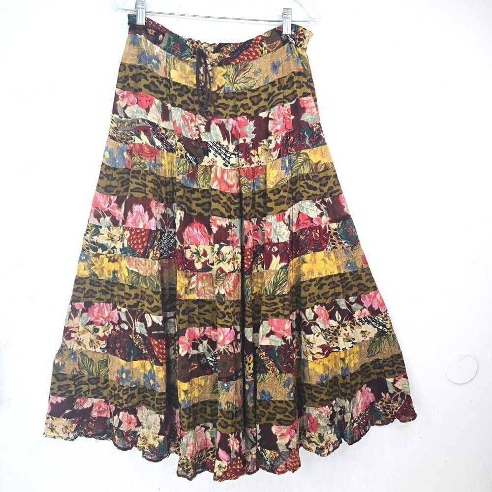 Vintage 80s 90s Brown Animal Floral Patchwork Boho Gypsy Maxi Broom Skirt